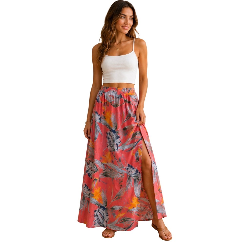Patrons of Peace Tropical Floral Bird of Paradise Maxi Skirt Coral Pink XS